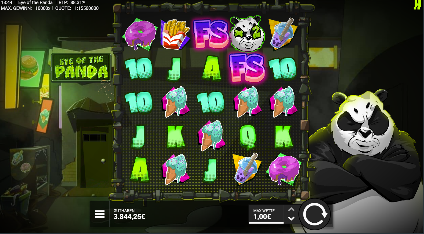 Eye-of-the-Panda-Slot mit Panda‑Symbol, Donut, Pommes, Bubble Tea und A‑K‑Q‑J‑10.