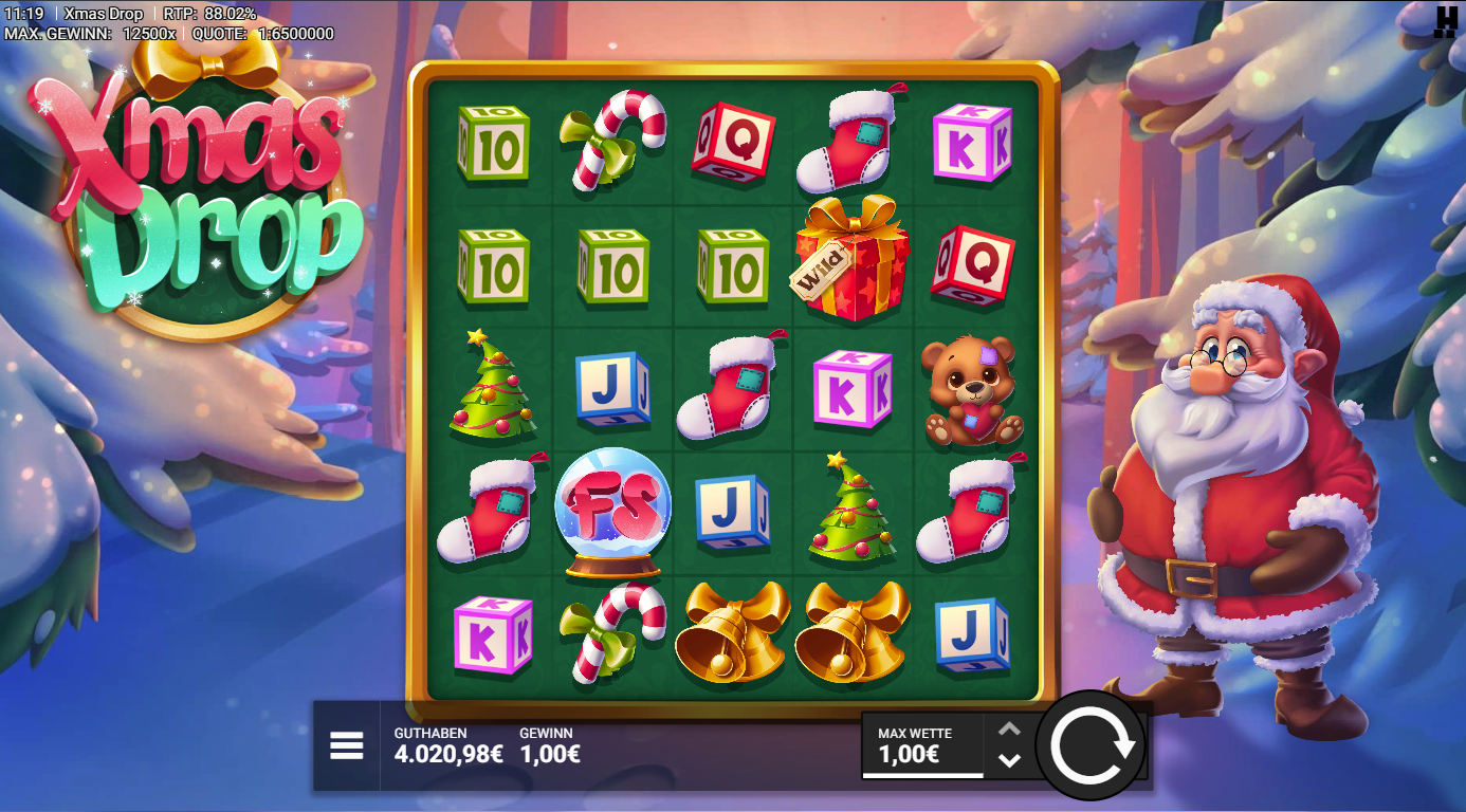 Xmas-Drop-Slot mit Geschenk‑Wild, FS‑Kugel, Glocken, Baum, Socke und A‑K‑Q‑J‑10.