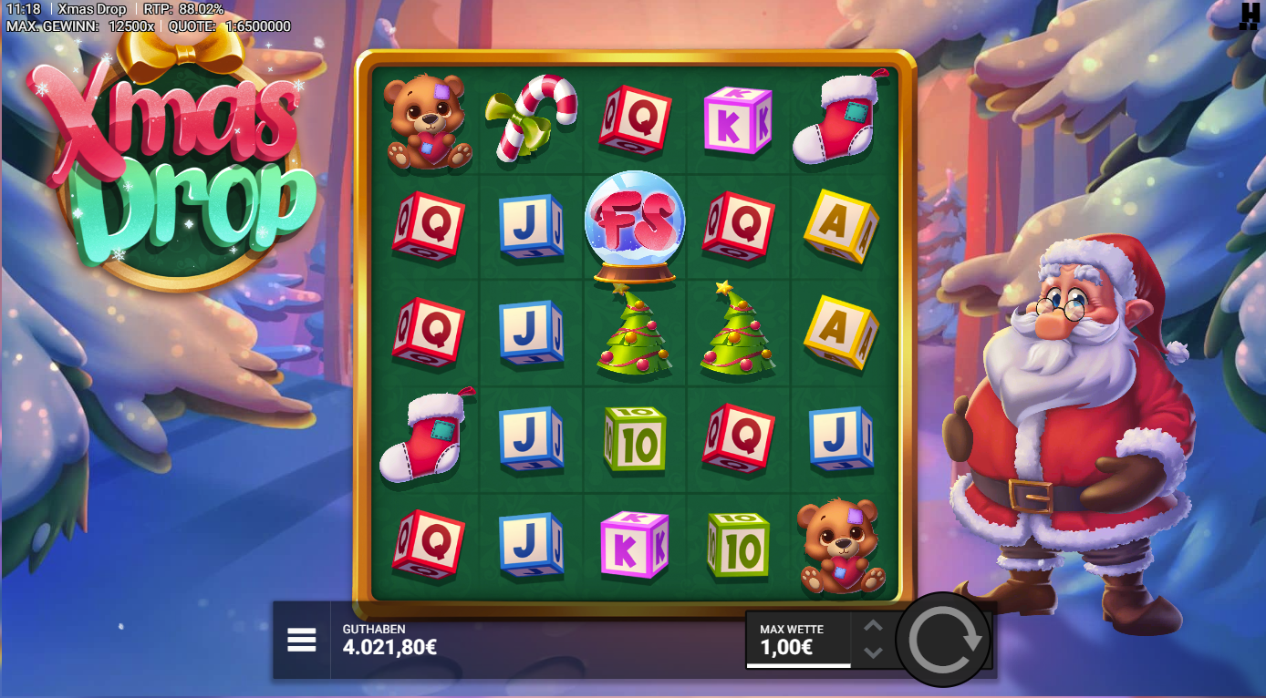 Xmas-Drop-Slot mit FS‑Symbol, Teddyb&auml;r, Baum, Socke und A‑K‑Q‑J‑10.