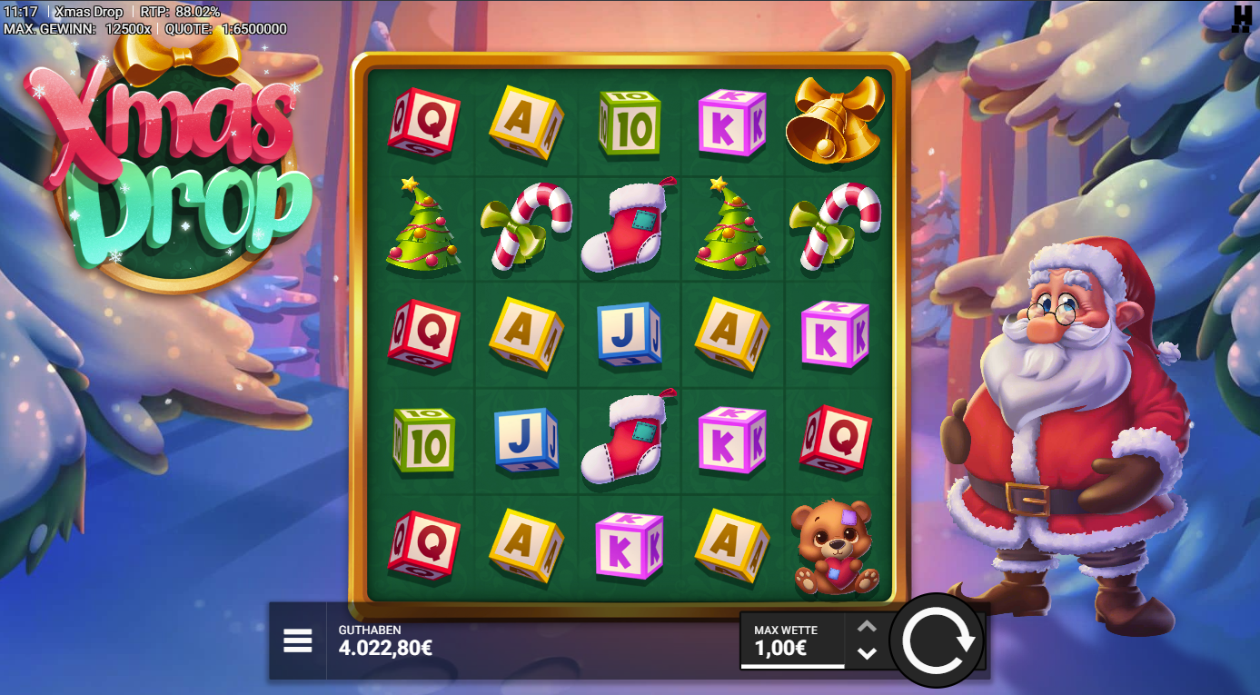 Xmas-Drop-Slot mit Weihnachtsbaum, Zuckerstange, Socke, Glocke und A‑K‑Q‑J‑10.