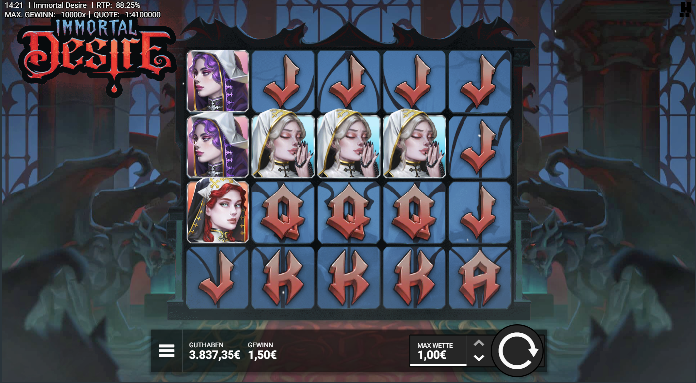 Immortal-Desire-Slot mit Vampir‑Portr&auml;ts, J‑Q‑K‑A‑Symbolen und dunklem Schloss.