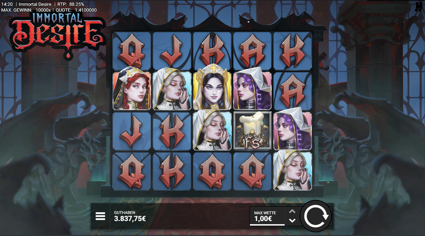 Immortal-Desire-Slot mit Vampir‑Portr&auml;ts, FS‑Symbol, Q‑K‑J‑Buchstaben und d&uuml;sterem Schloss.