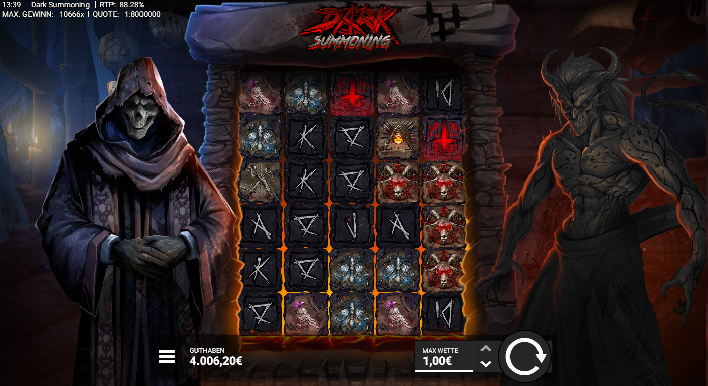 Dark-Summoning-Slot mit Wild, Raben, Motten und Runensymbolen.