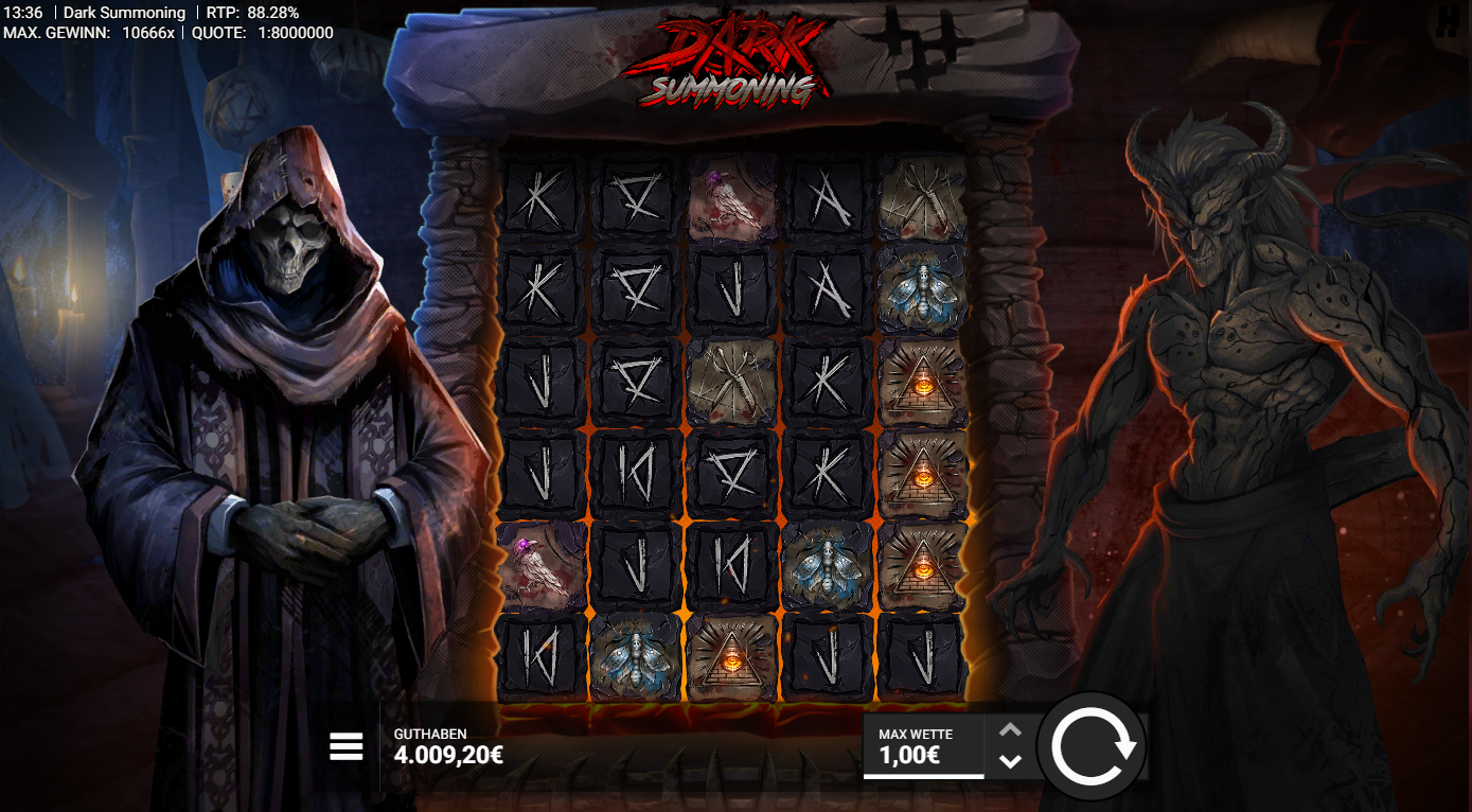 Dark-Summoning-Slot mit Runensteinen, Raben, Motten, D&auml;monensymbolen und okkultem Design.