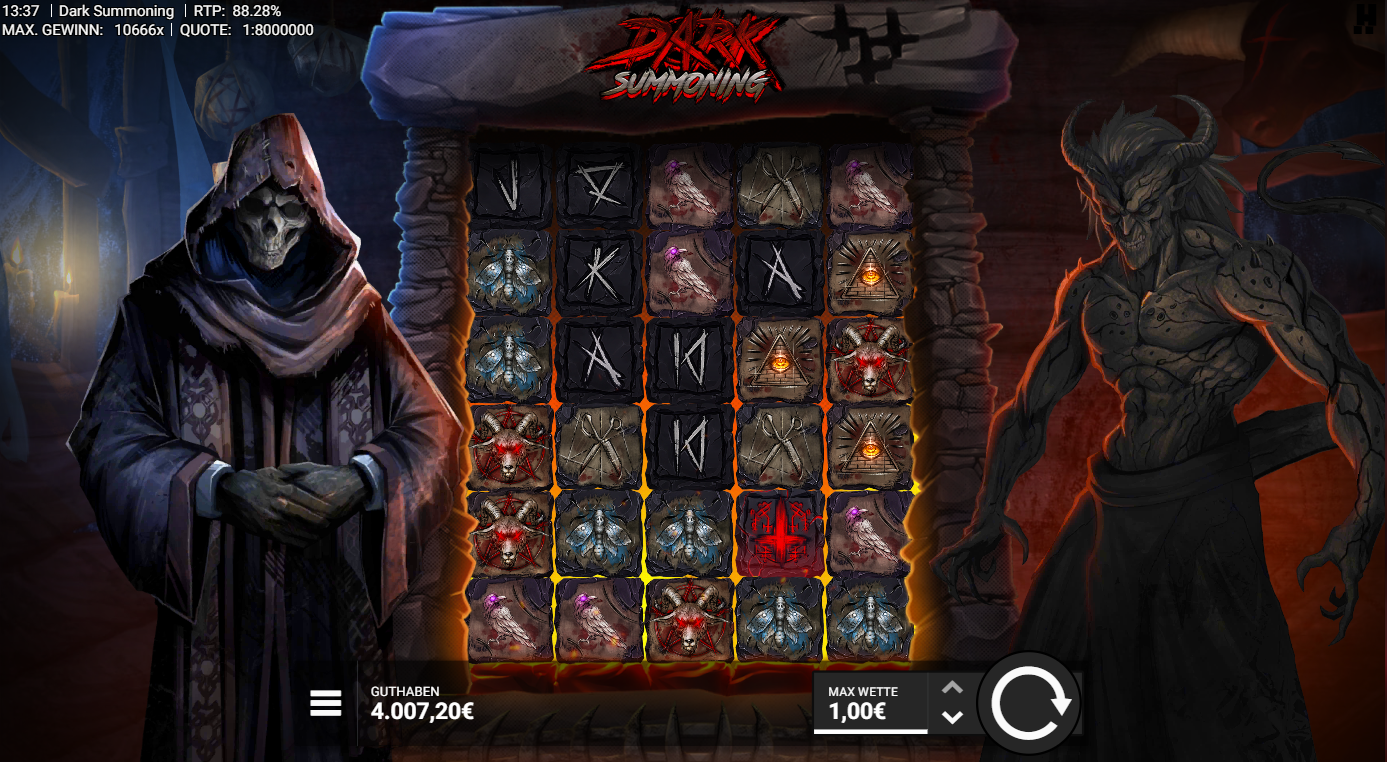 Dark-Summoning-Slot mit Runen, Motten, Raben und D&auml;monensymbole.