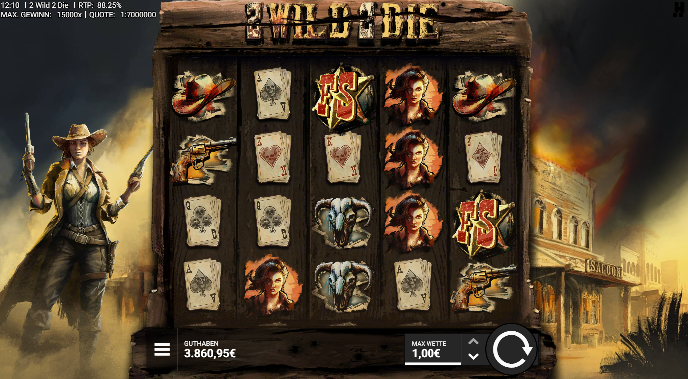 2-Wild-2-Die-Slot mit FS‑Stern, Cowgirl‑Portr&auml;ts, Revolvern, H&uuml;ten und Spielkarten.