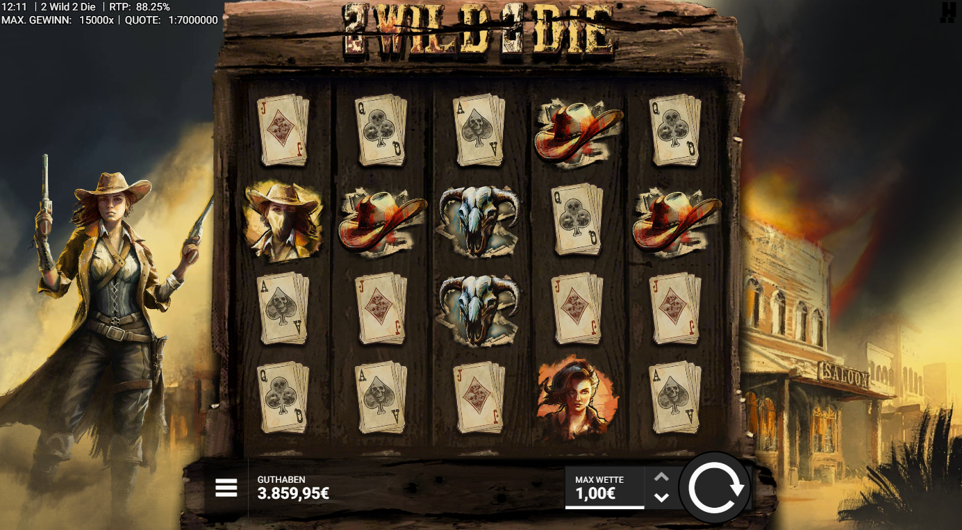 2-Wild-2-Die-Slot mit Cowgirl‑Wild, Karten, H&uuml;ten, Sch&auml;deln und Revolvern.