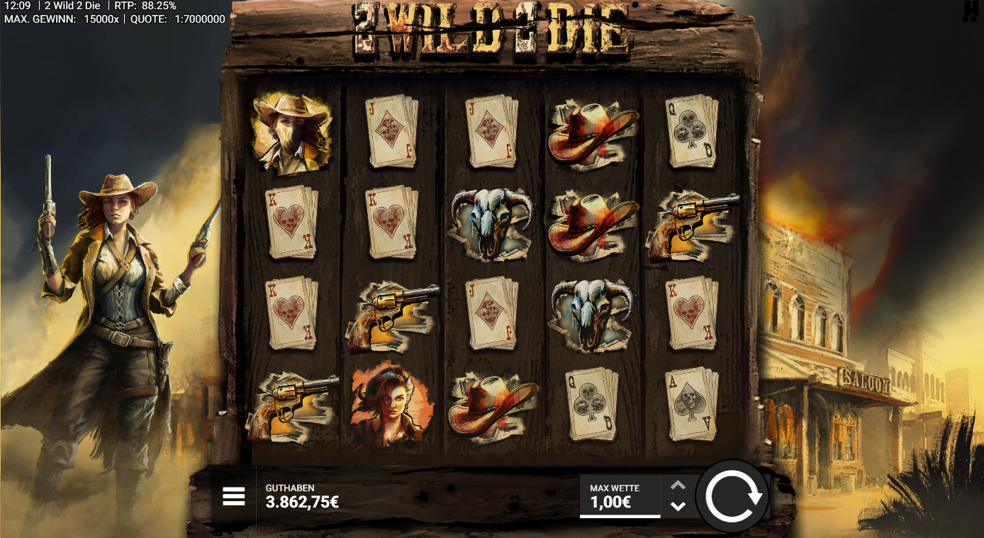 2-Wild-2-Die-Slot mit Revolvern, Karten, H&uuml;ten, Sch&auml;del, Wild‑Cowgirl und Portr&auml;ts.