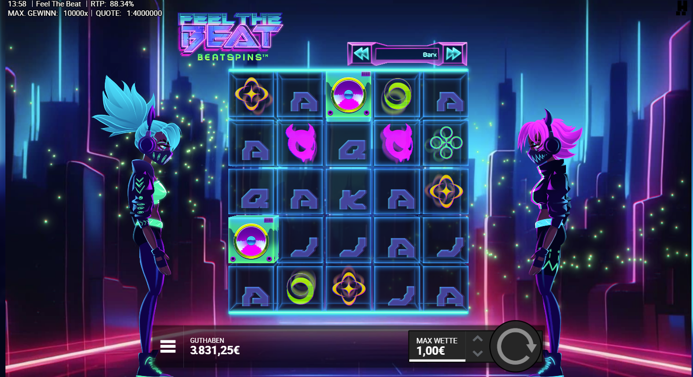 Feel-the-Beat-Slot mit Lautsprecher‑Wilds, Neon‑Symbolen, DJ‑Icons und A‑K‑Q‑J‑10.