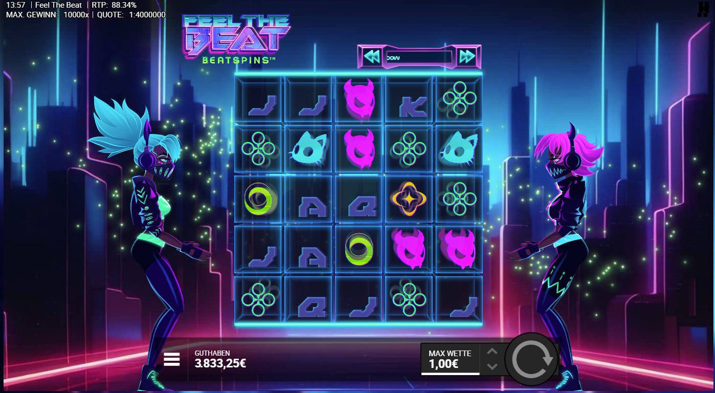 Feel-the-Beat-Slot mit Neon‑Icons, D&auml;mon‑Symbolen, DJ‑Symbolen und A‑K‑Q‑J‑10.