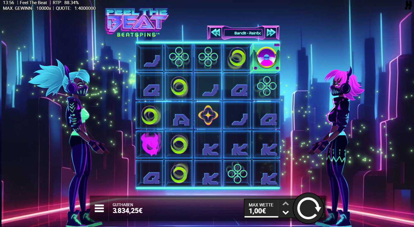 Feel-the-Beat-Slot Neon‑Symbolen, DJ‑Konsole, Maskenfiguren und A‑K‑Q‑J‑10.