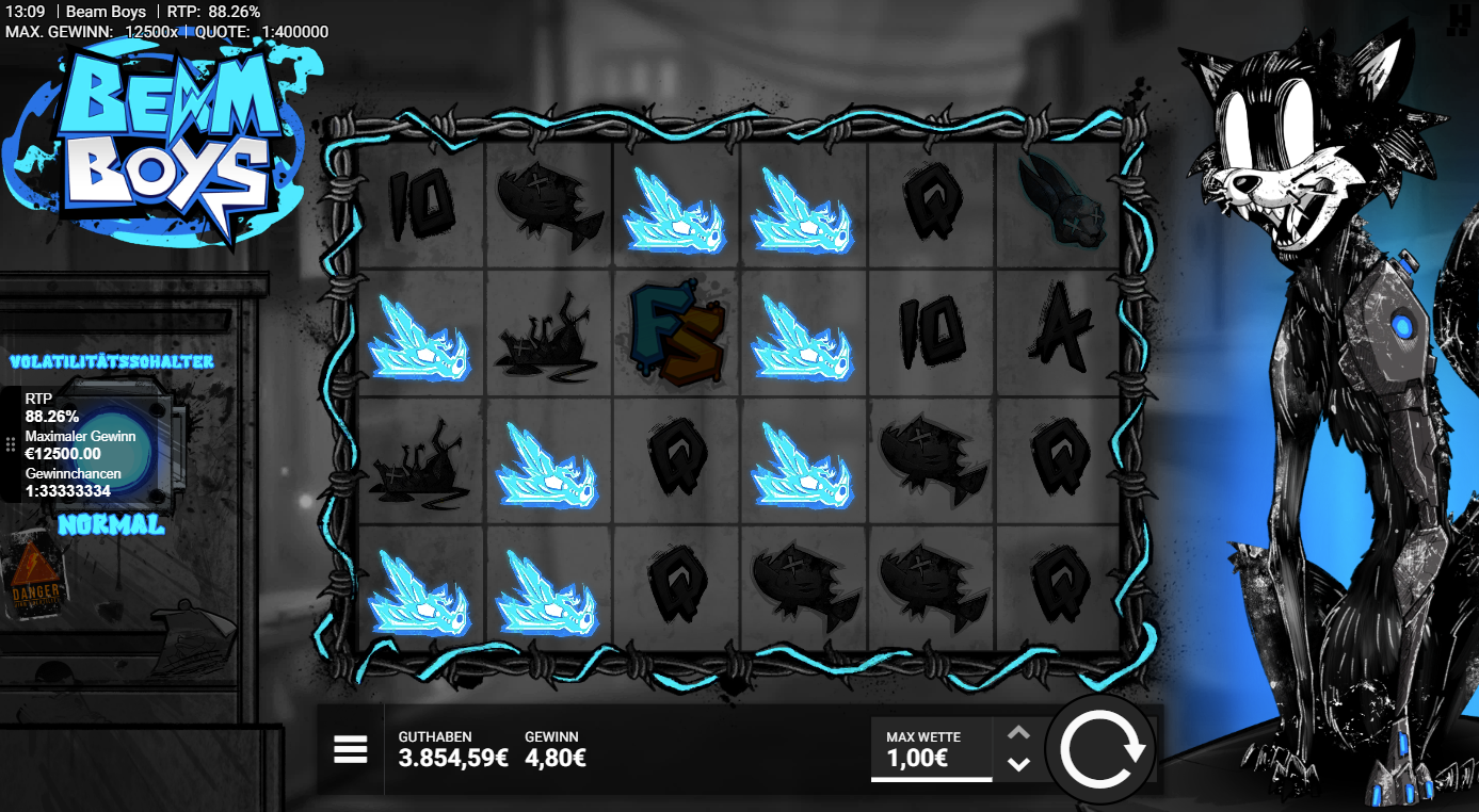 Beam-Boys-Slot mit leuchtenden blauen Symbolen, FS, Fischen und Kristallen.