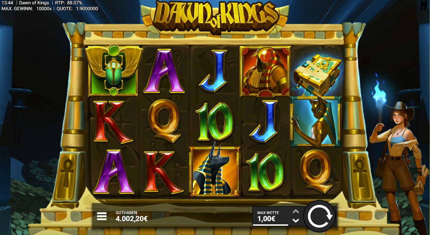 Dawn-of-Kings-Slot mit Skarab&auml;us, Pharao, Buch‑Scatter, Anubis und A‑K‑Q‑J‑10.