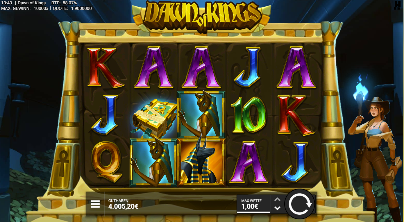 Dawn-of-Kings-Slot mit Buch‑Scatter, Anubis, Skarab&auml;us und A‑K‑Q‑J‑10.