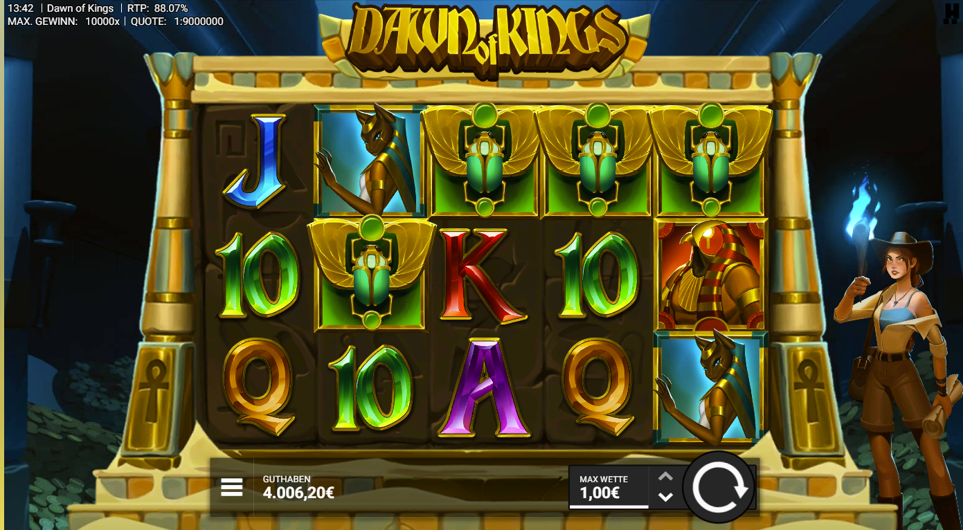 Dawn-of-Kings-Slot mit goldenen Skarab&auml;en, Anubis, Pharao und A‑K‑Q‑J‑10.