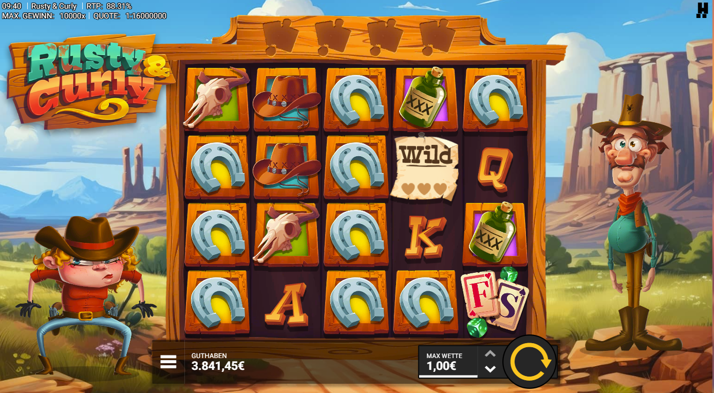 Rusty-&-Curly-Slot mit Wild‑Poster, FS‑Karten, Hufeisen, Hut und Whiskeyflasche.