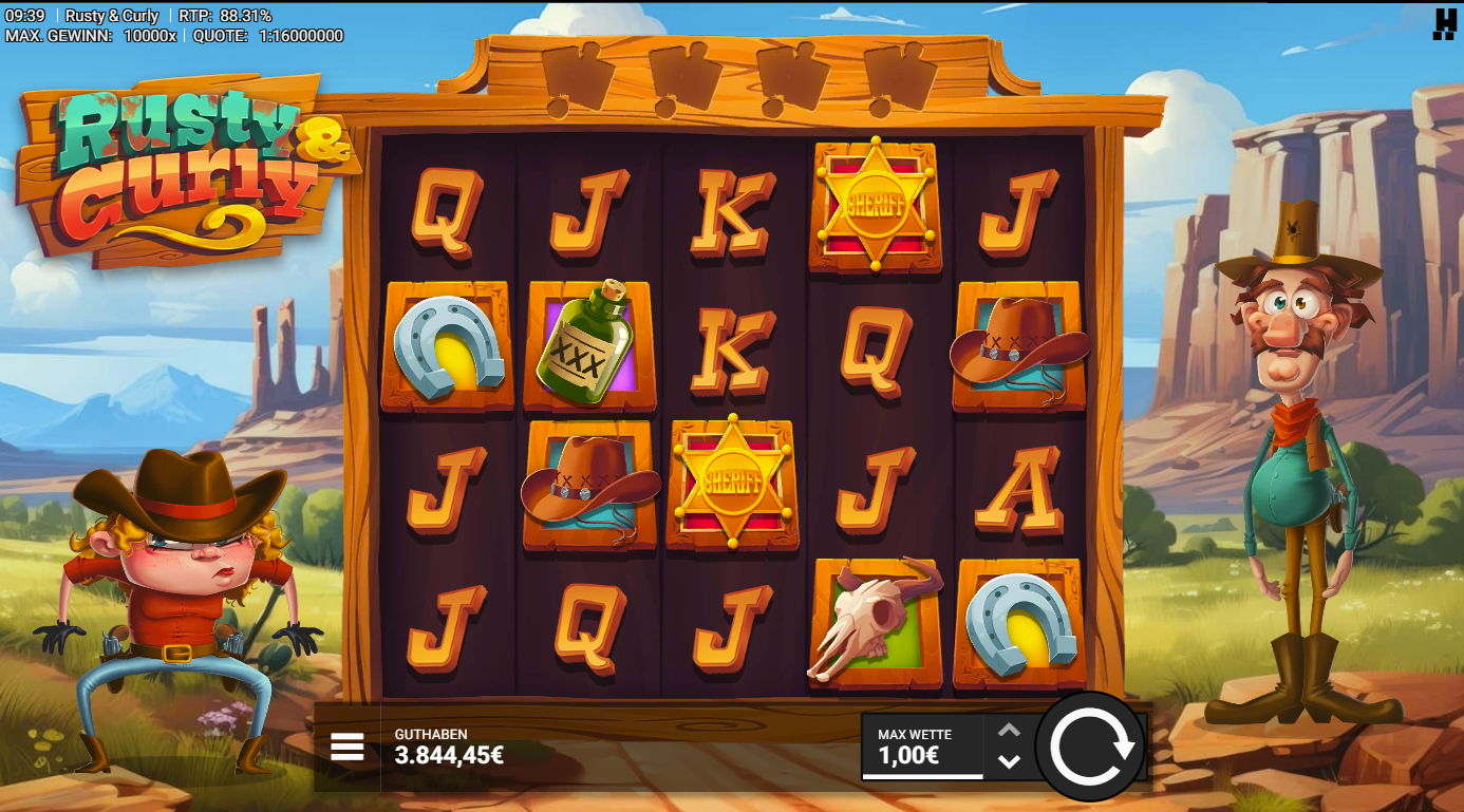 Rusty-&-Curly-Slot mit Sheriffsternen, H&uuml;ten, Hufeisen, Sch&auml;del und A‑K‑Q‑J.