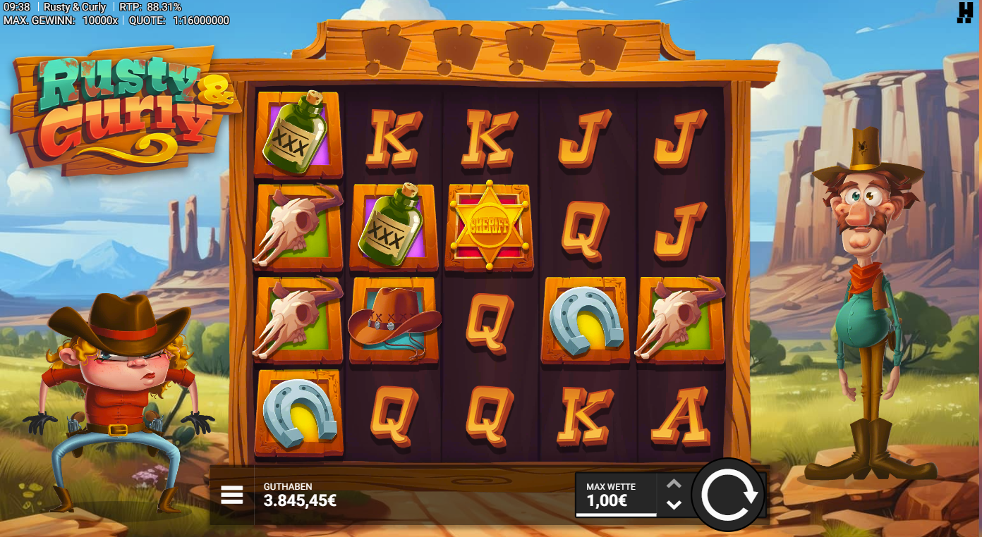 Rusty-&-Curly-Slot mit Sheriffstern, Whiskeyflasche, Sch&auml;del, Hut und A‑K‑Q‑J.