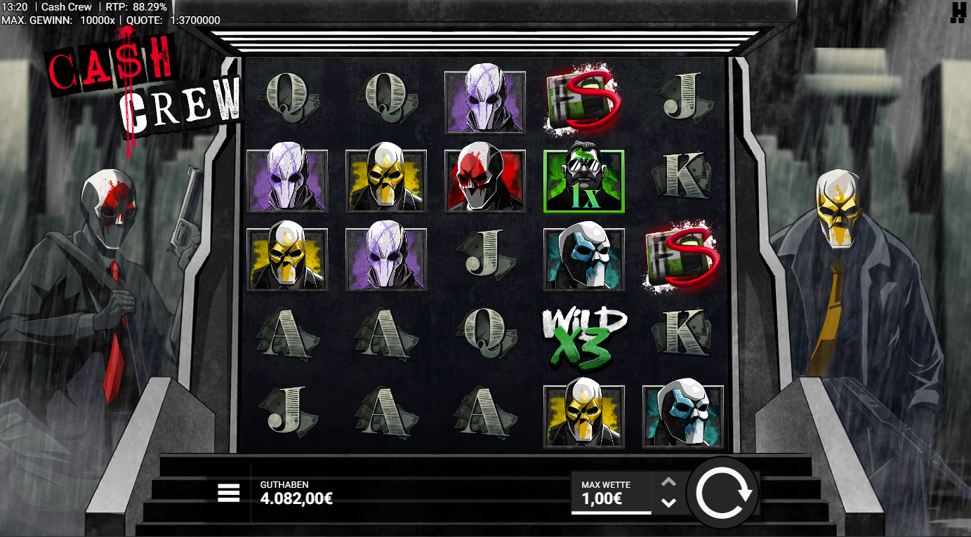 Cash-Crew-Slot mit Wild x3, FS‑Koffer, Masken‑Portr&auml;ts und A‑K‑Q‑J‑Symbolen.