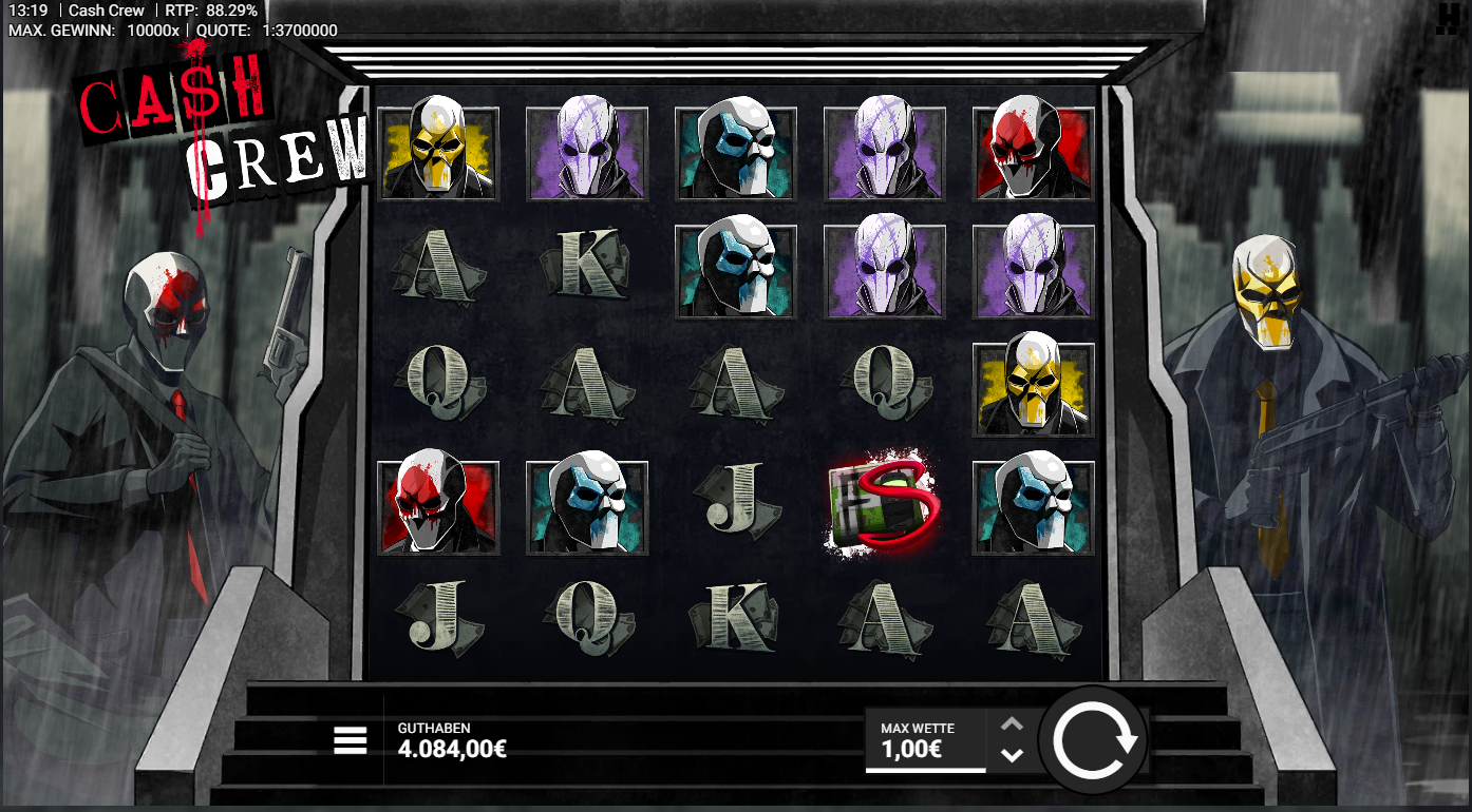 Cash-Crew-Slot mit FS‑Koffer, Masken‑Portr&auml;ts, Pistole und A‑K‑Q‑J‑Symbolen.