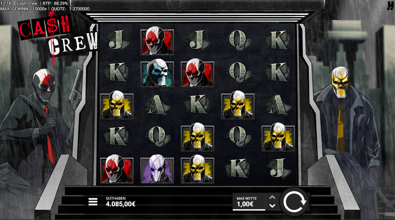 Cash-Crew-Slot mit Masken‑Portr&auml;ts, Pistole, A‑K‑Q‑J und dunklem Gangster‑Design.