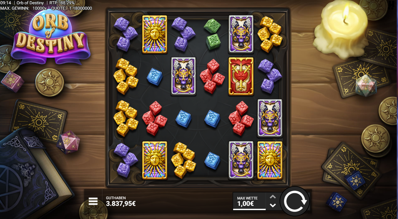 Orb-of-Destiny-Slot mit goldenen Karten, bunten W&uuml;rfeln und Tarot‑Symbolen.