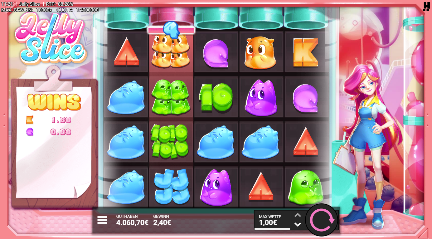Jelly-Slice-Slot mit Multiplikator‑Drop, bunten Gelees, Zahlenwerten und Gewinnanzeige.