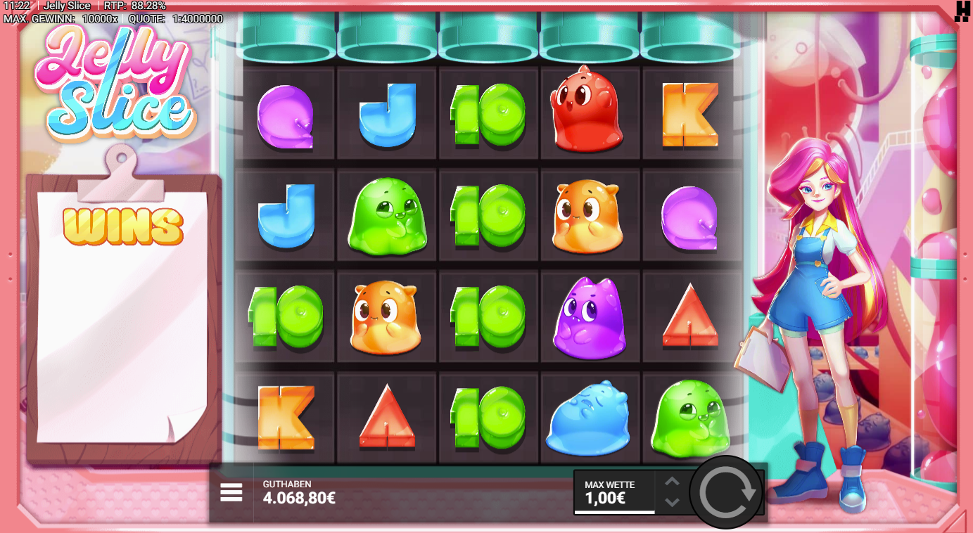 Jelly-Slice-Slot  mit bunten Gelee‑Figuren, Q‑J‑K‑A, Zahl 10 und Form‑Symbolen.