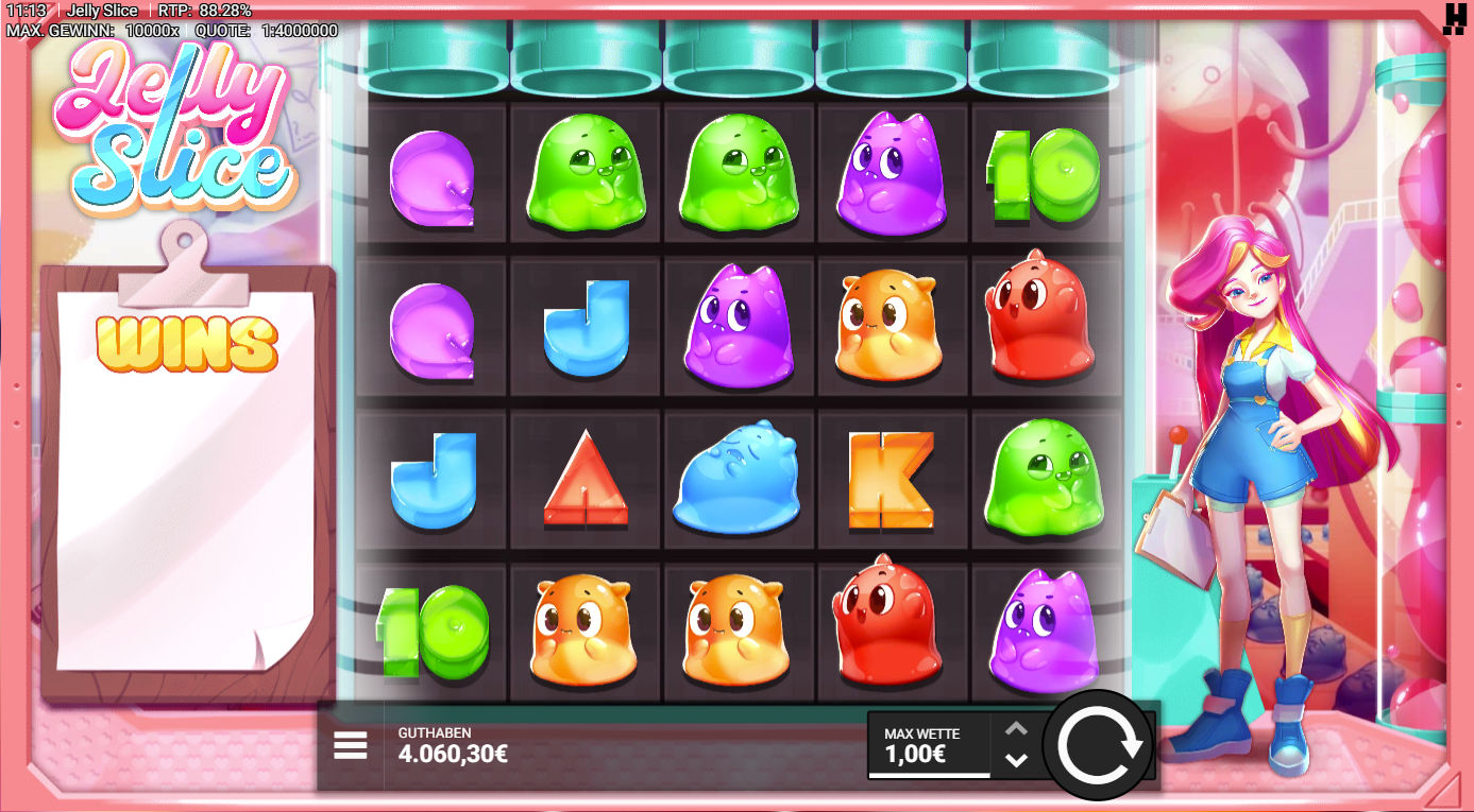 Jelly-Slice-Slot mit bunten Gelee‑Figuren und J‑Q‑K‑A‑Symbolen.
