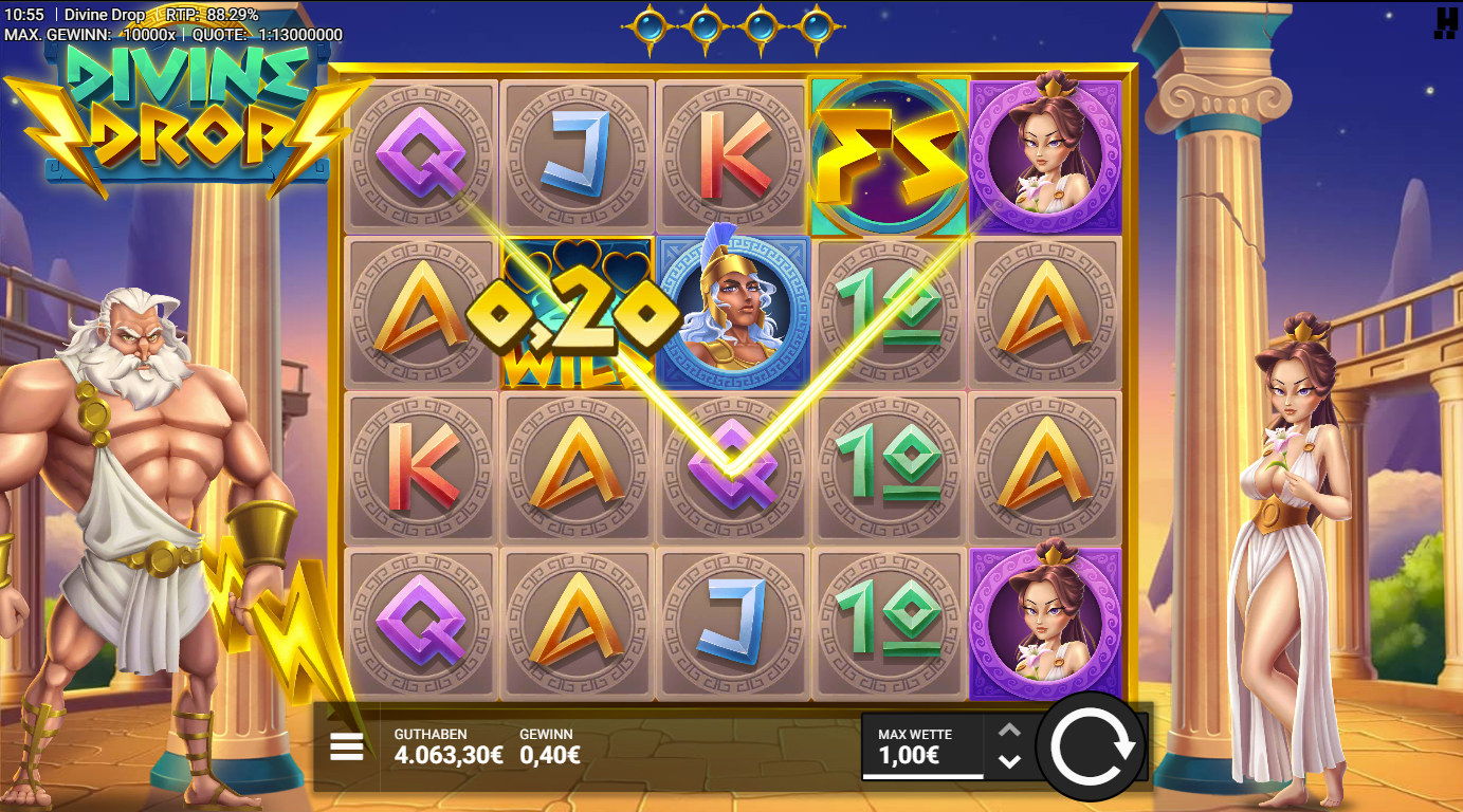 Divine-Drop-Slot mit 20x‑Wild, Zeus‑Blitz, Gewinnlinien und A‑K‑Q‑J‑10.