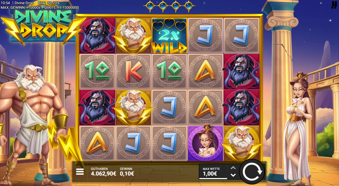 Divine-Drop-Slot mit Zeus‑Wild, 2x‑Multiplikator, Medusa, Krieger und A‑K‑Q‑J‑10.