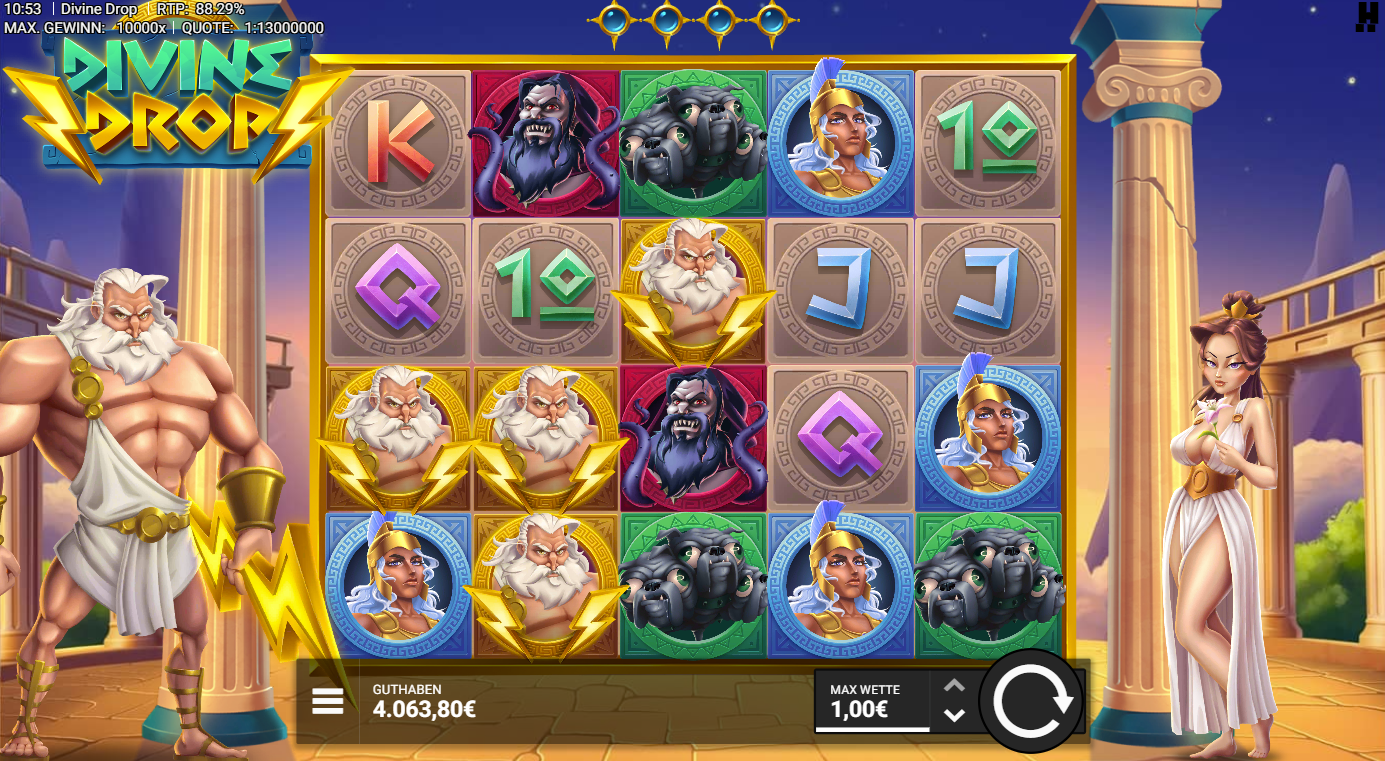 Divine-Drop-Slot mit Zeus‑Wild, Medusa, Krieger, Blitzen und Kartenwerten.