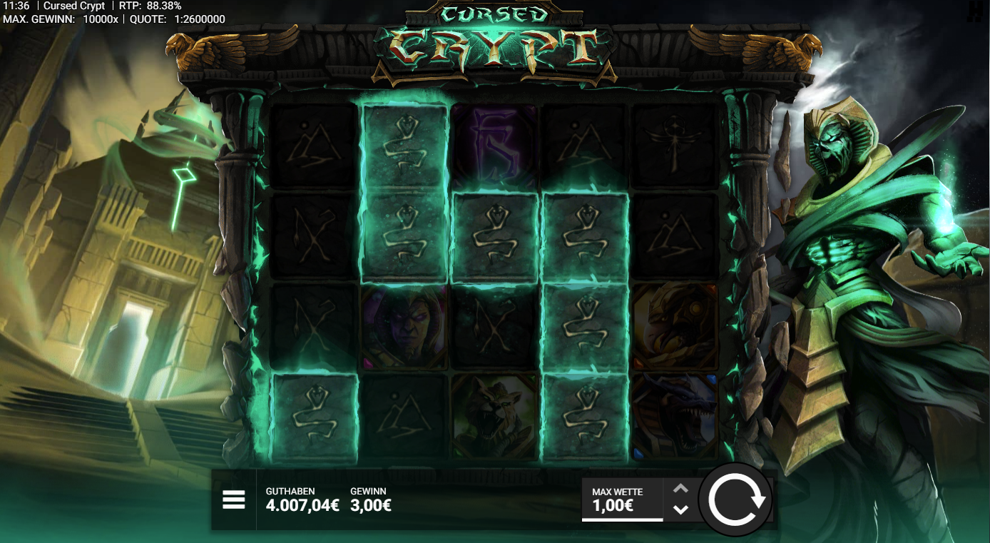 Cursed-Crypt-Slot mit leuchtenden Runenfeldern, Symbol‑Verbindungen und Gewinnanzeige.