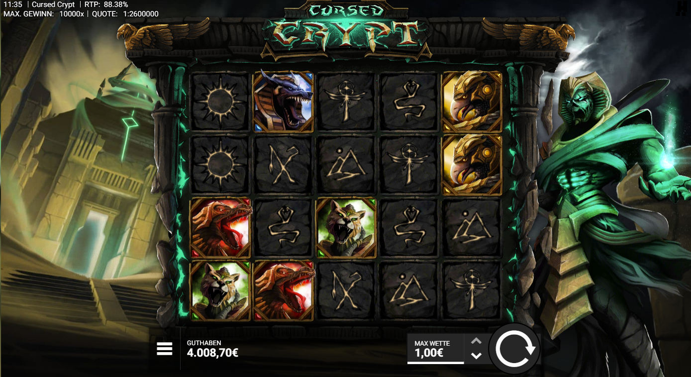 Cursed-Crypt-Slot mit Drachen, Katzenk&ouml;pfen, Ankh‑Symbolen, Sonnenzeichen und Runen.