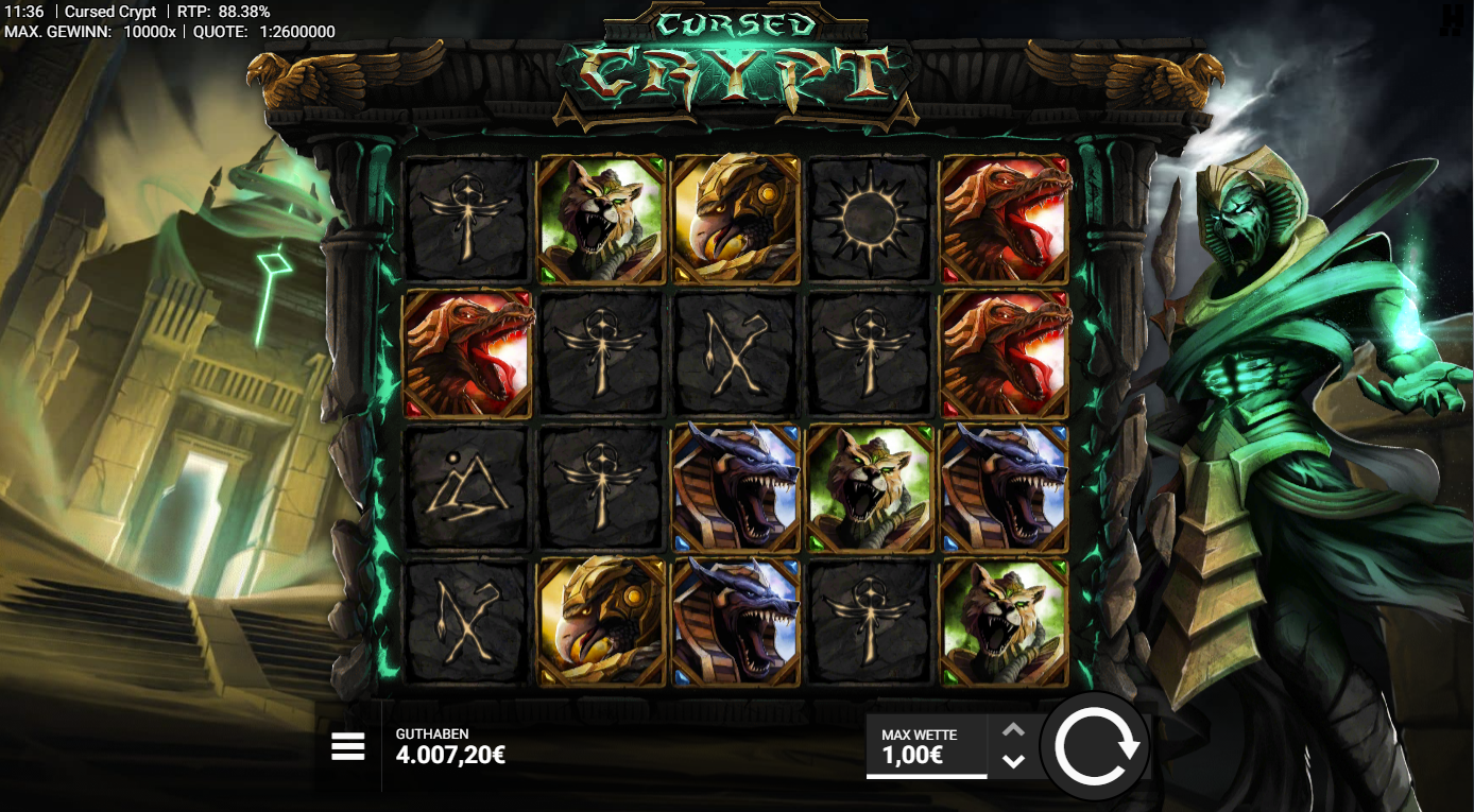 Cursed-Crypt-Slot mit Ankh‑Symbolen, Drachen, Katzenkopf, Sonnenzeichen und Runen.