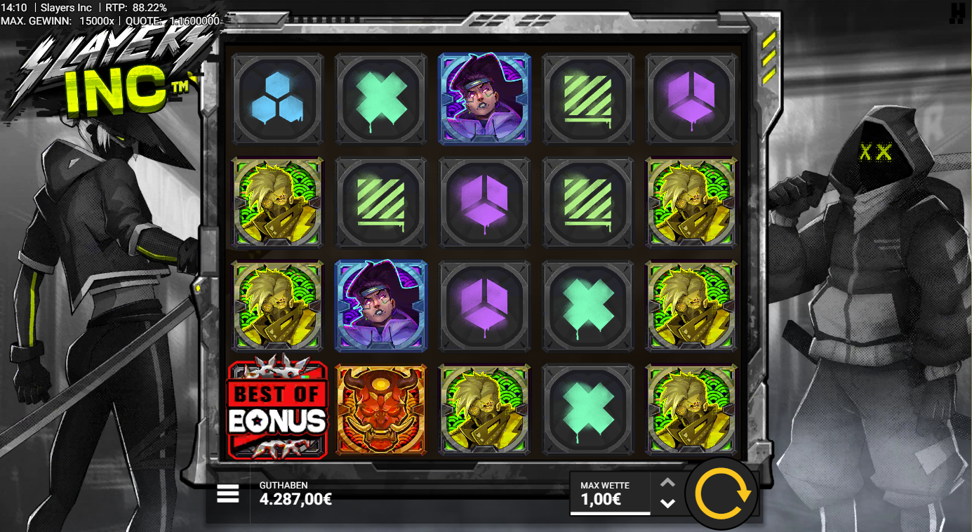 Slayers-Inc-Slot mit Best‑of‑Bonus, D&auml;monenmaske, J&auml;ger‑Portraits und Neon‑Symbolen.