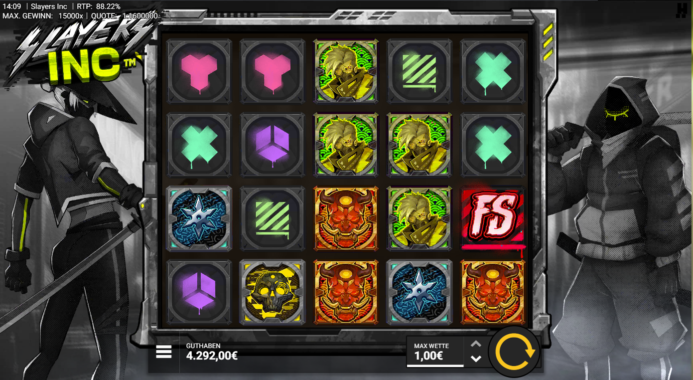 Slayers-Inc-Slot mit FS‑Symbol, D&auml;monenmaske, Totenkopf, Sternen und Neon‑Icons.