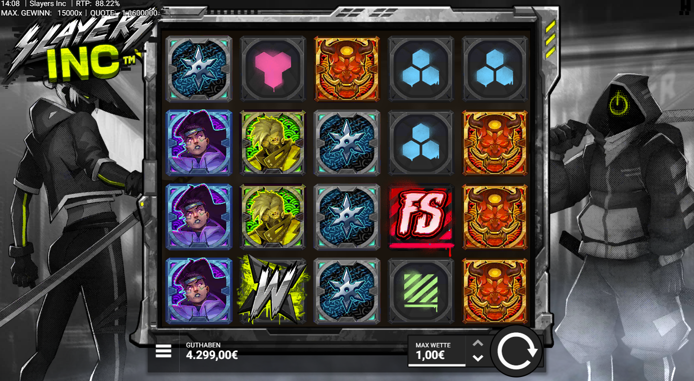 Slayers-Inc-Slot mit FS‑Symbol, D&auml;monenmaske, Stern, J&auml;ger‑Portr&auml;ts und W‑Wild.