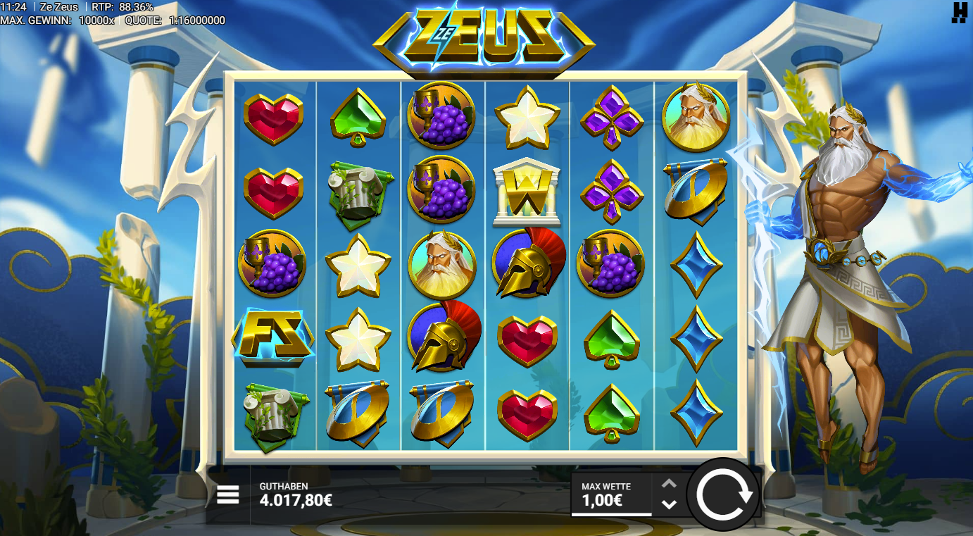 Ze-Zeus-Slot mit Blitz‑Wild, Zeus‑Portr&auml;ts, Helmen, Schriftrollen und A‑K‑Q‑J‑10.