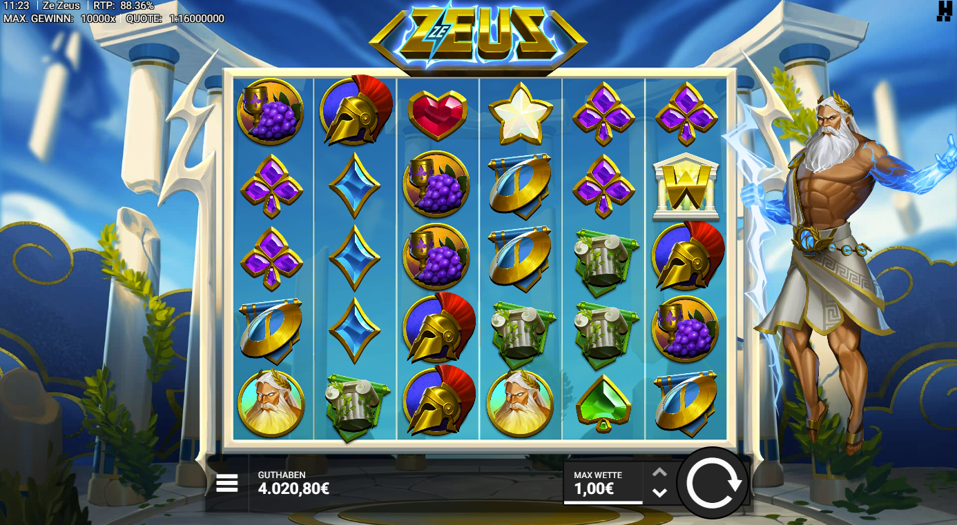 Ze-Zeus-Slot mit Zeus‑Portr&auml;t, Helmen, Schriftrollen, Trauben, W‑Wild und Symbolen.