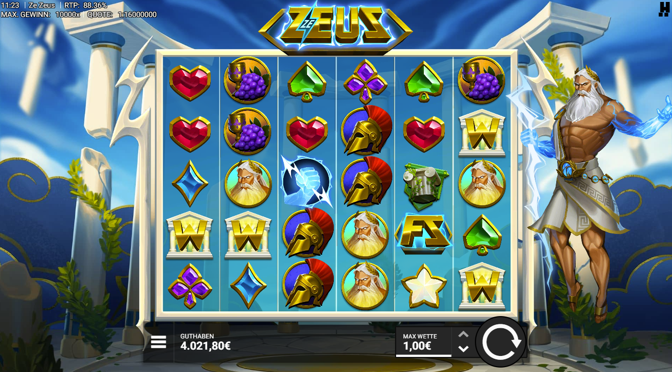 Ze-Zeus-Slot mit Zeus‑Wild, Blitzfaust, Helm, Kelch, Edelsteinen und A‑K‑Q‑J‑10.