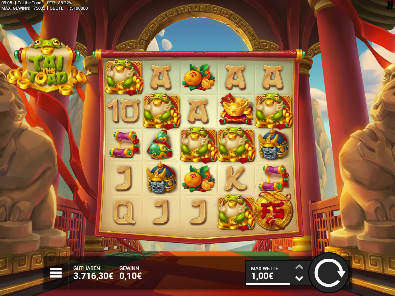 Tai-the-Toad-Slot mit Gl&uuml;cksfrosch, Bonusm&uuml;nze, Helm, Mandarinen und Schriftrollen.