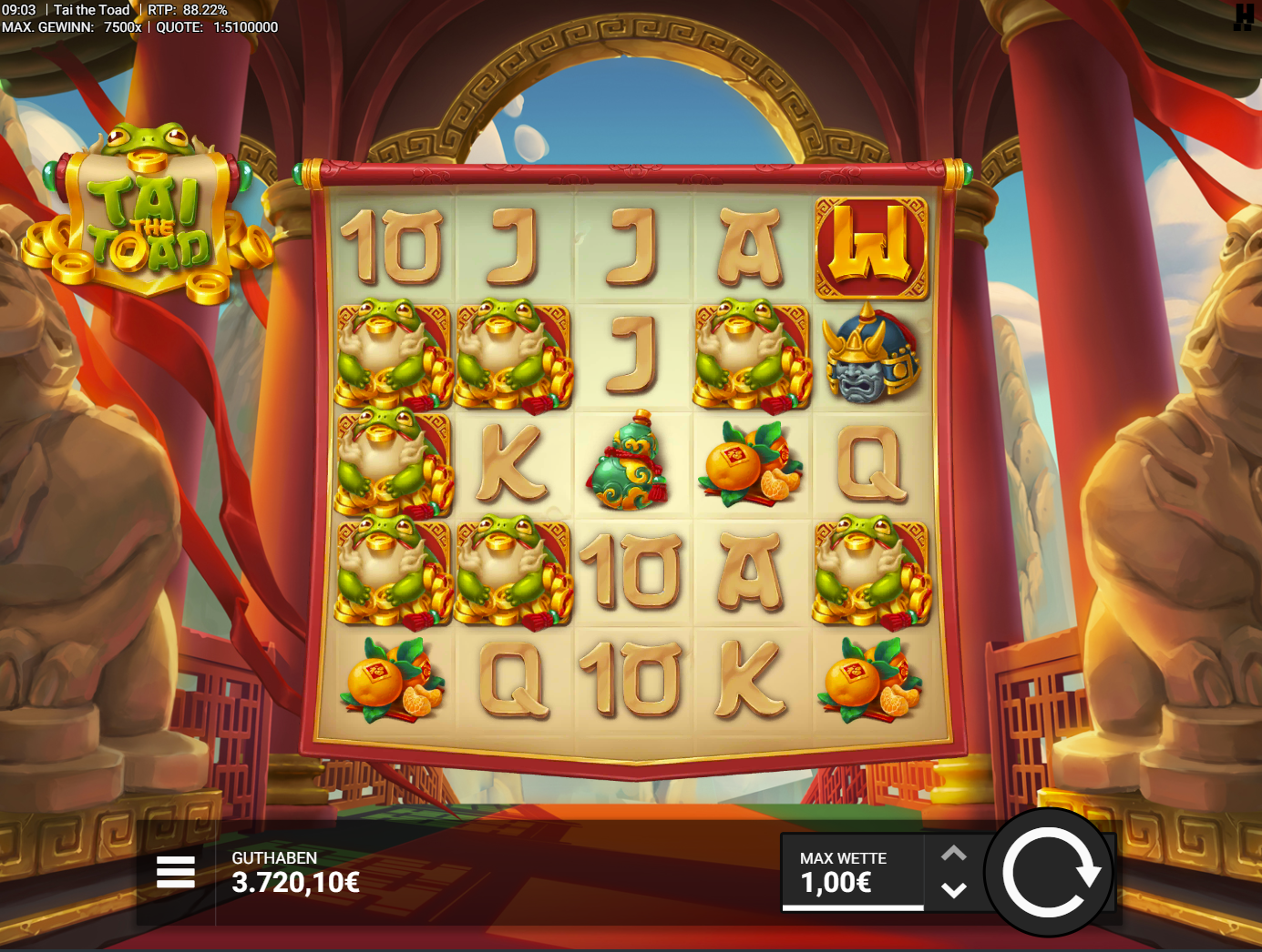 Tai-the-Toad-Slot mit Gl&uuml;cksfrosch‑Wild, Helm, Mandarinen, Duftbeutel und A‑K‑Q‑J‑10.