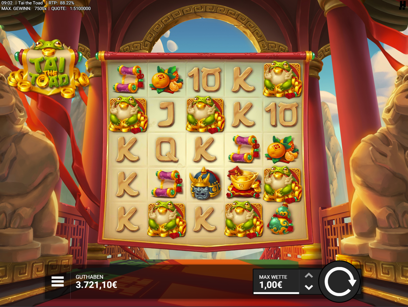 Tai-the-Toad-Slot mit Gl&uuml;cksfrosch, Schriftrollen, Goldschale, Helm und K‑Q‑J‑10.