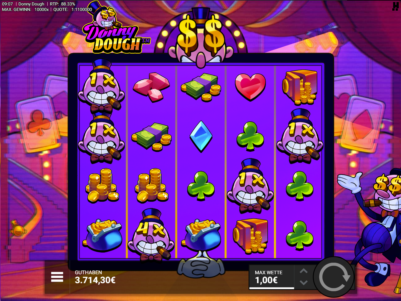Donny-Dough-Slot mit x1‑ und x4‑Multiplikatoren, Geldkoffern, M&uuml;nzen und Kleebl&auml;ttern.
