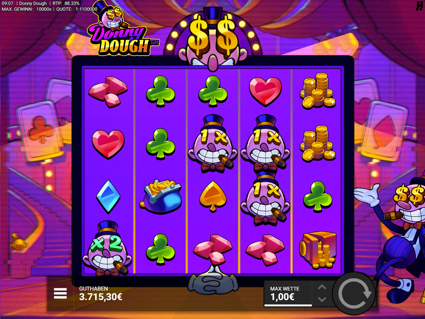 Donny-Dough-Slot mit Multiplikator‑Symbolen, Geldkoffern, M&uuml;nzen und Kartensymbolen.