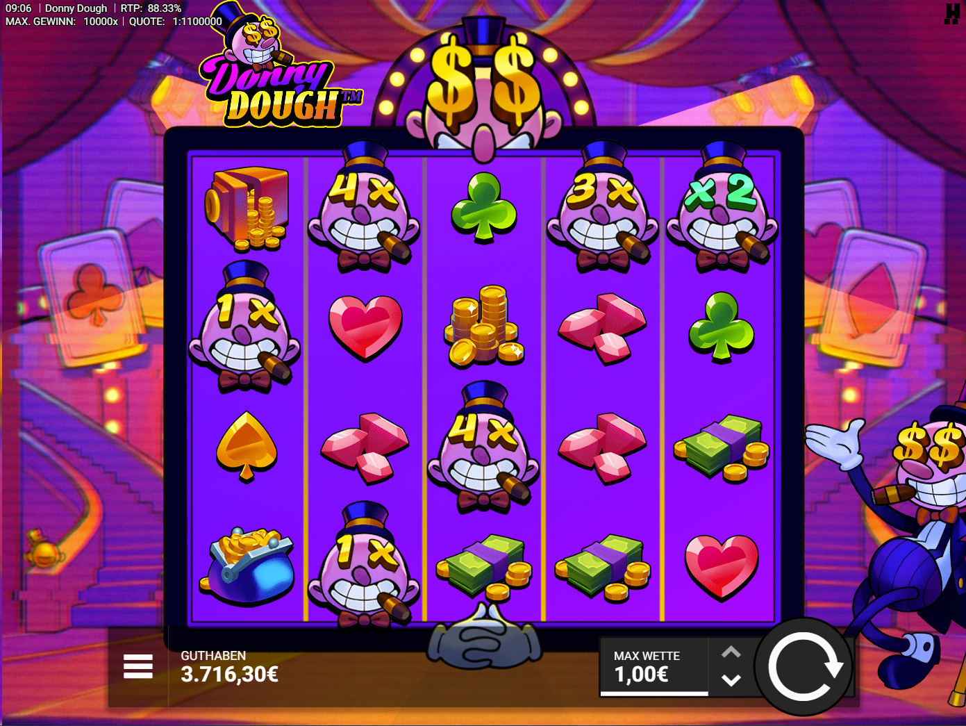 Donny-Dough-Slot mit Multiplikator‑Figuren, Geldscheinen, M&uuml;nzen und Kartensymbolen.