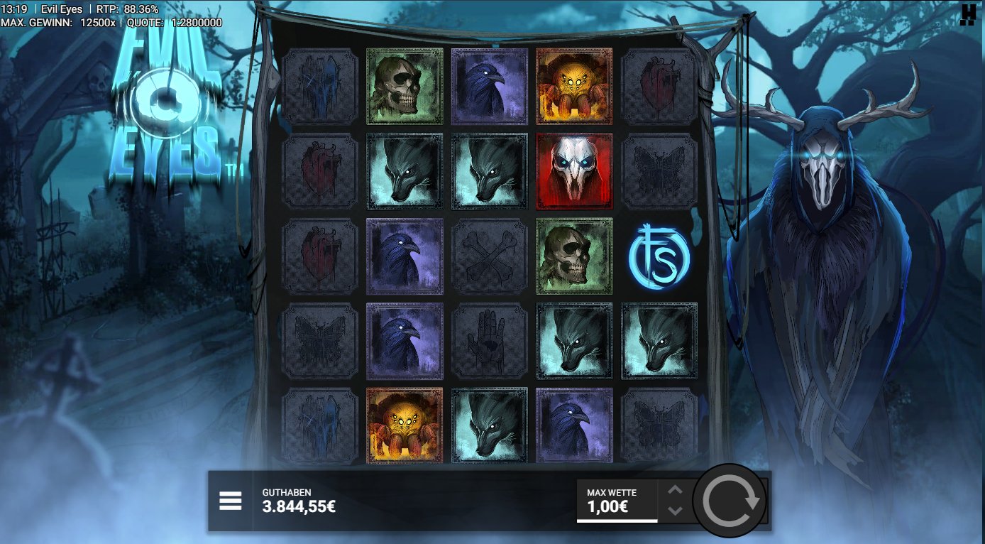 Evil-Eyes-Slot mit Scatter‑Symbol, Wolfsymbolen, Sch&auml;del, Rabe und dunklen Runenfeldern.