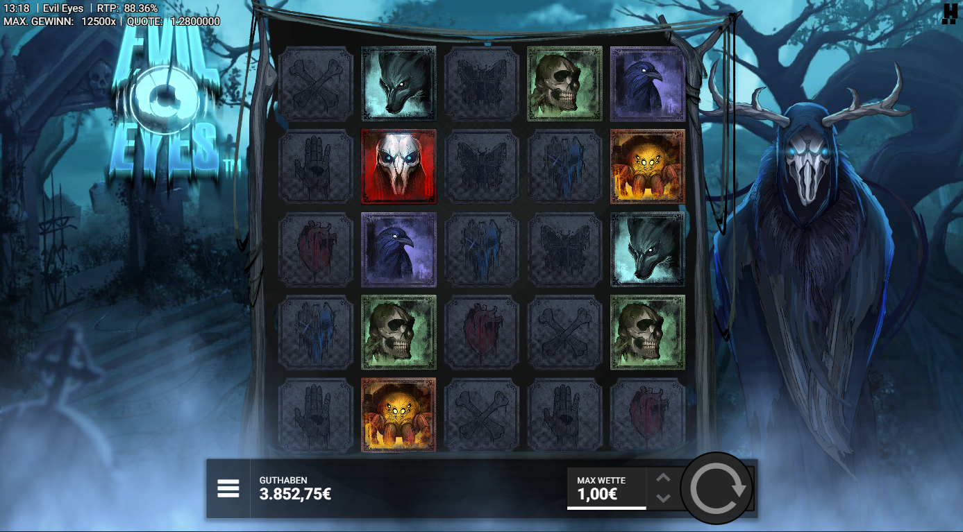 Evil-Eyes-Slot mit Sch&auml;del, Rabe, Wolfsymbol, Spinne und okkulten Runenfeldern.