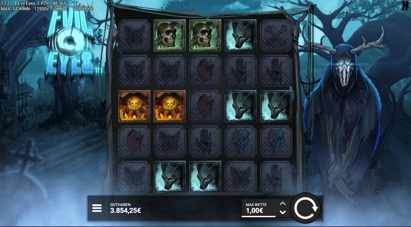 Evil-Eyes-Slot mit Wolf‑Symbolen, Totensch&auml;deln, Spinnen, Herz‑Icon und dunklem Wald.